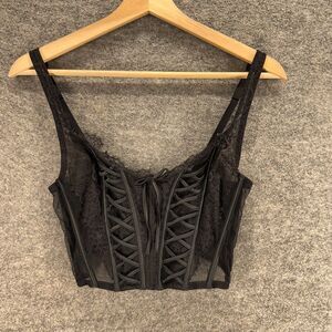 Victoria's Secret Corset Top Women M Medium DD Black Floral Lace Tasseled Sheer
